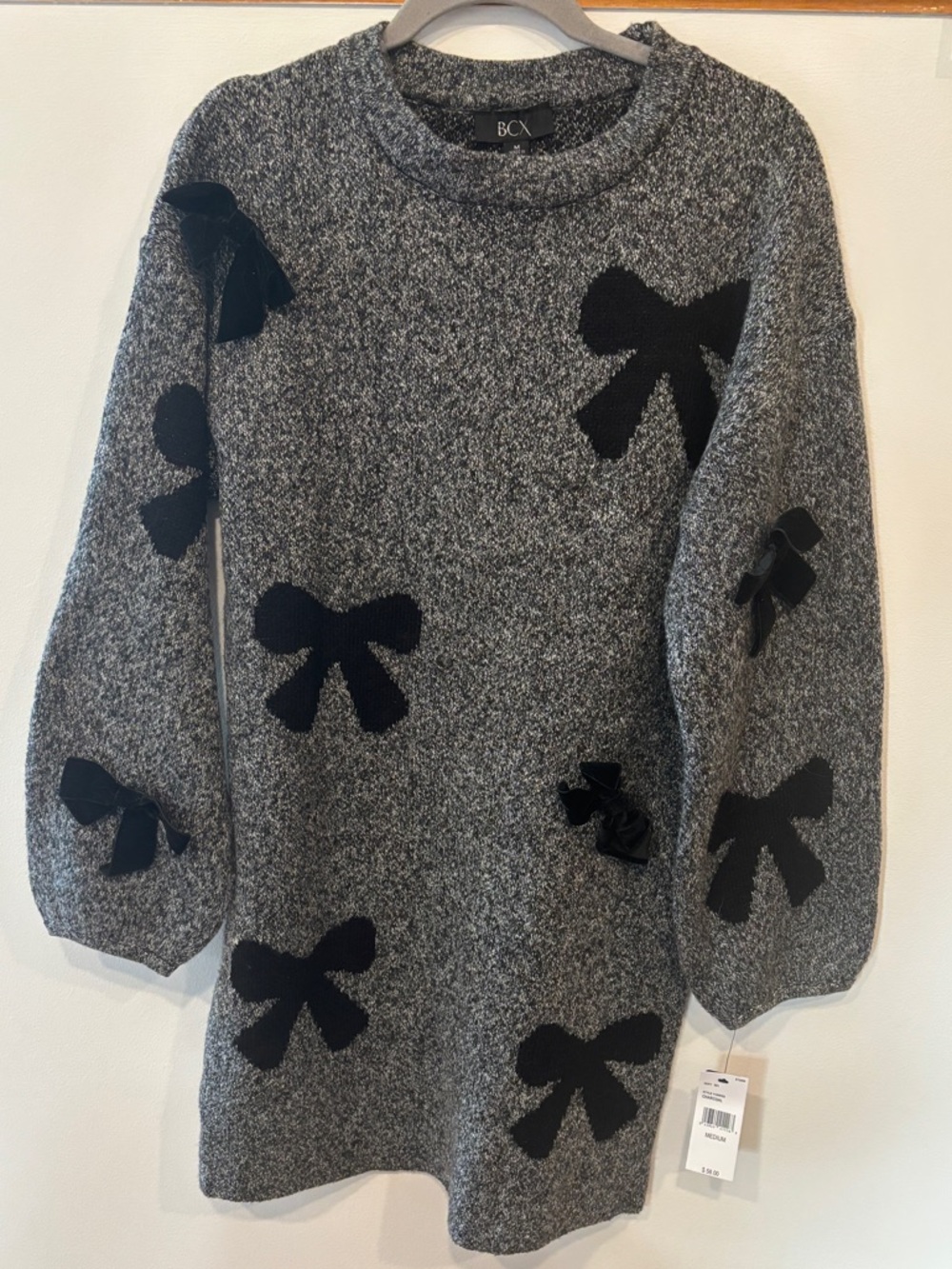 BCX Gray Crewneck Sweater Dress with Black Bow Appliqués
